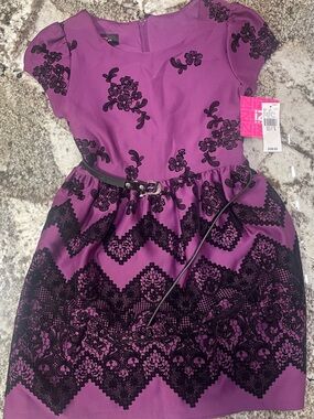 Iz Byer Girls Purple Dress with Black Lace Print and Belt